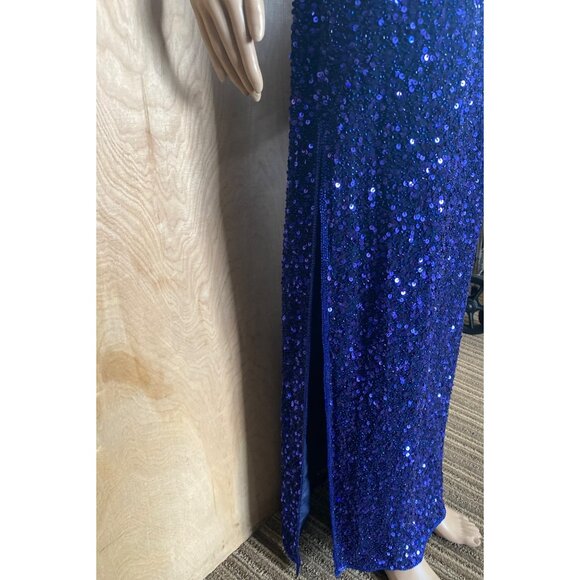 1990s Scala Royal Blue Sequin One Shoulder Gown Open Back Evening Dress Sz M - Picture 16 of 16